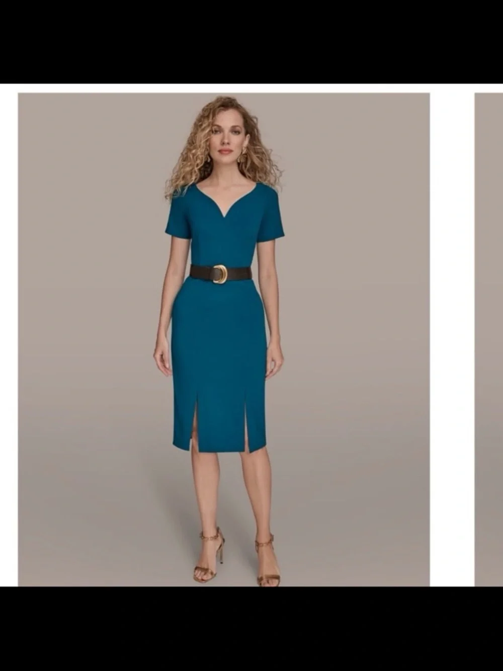 Donna Karan Teal V-Neck Midi Sheath Dress with Front Slits